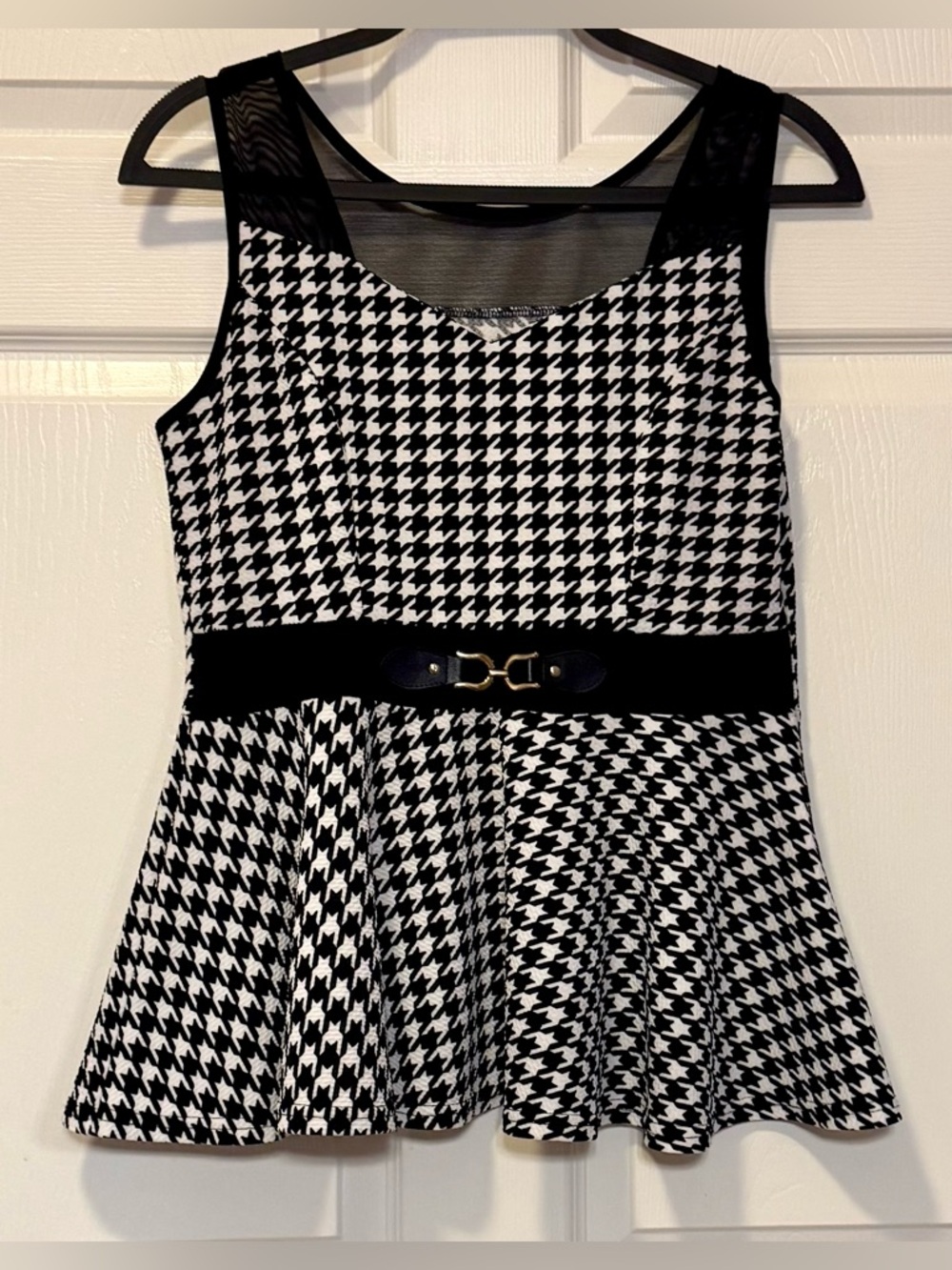 Houndstooth Peplum Top Mesh Detail Gold Buckle Belted Waist M/L - Picture 2 of 11
